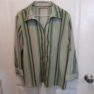 Button-down Blouse; 3/4 Sleeve; EUC; Green Stripe; Notations; Size XL